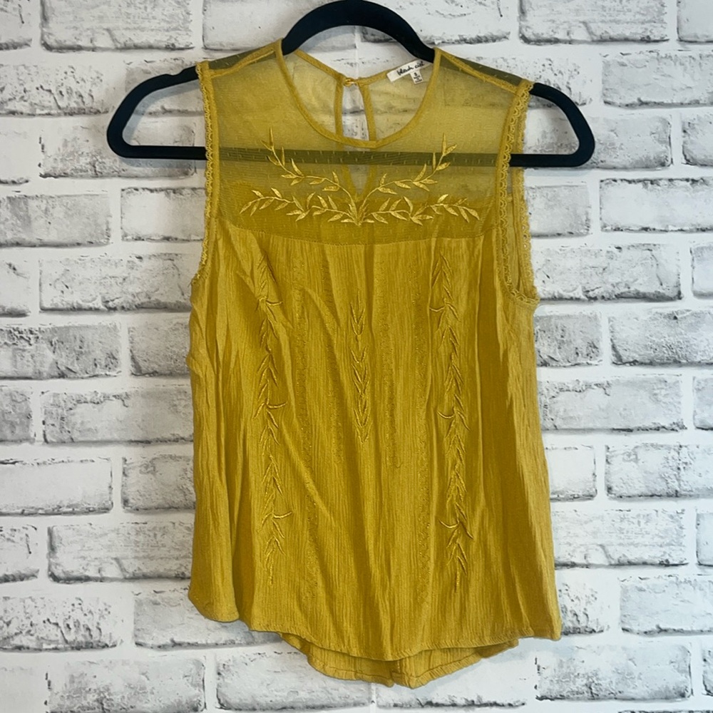 Bleuh Ciel Yellow Embroidered Sheer Panel Top | Size: Small